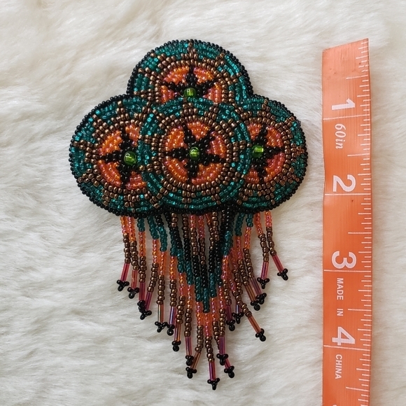 HANDMADE Beaded Quadruple Medallion Barrette with Fringe Teal - Picture 6 of 7
